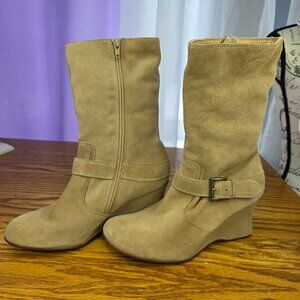 Tan Suede Wedge Boot with Buckle Detail
